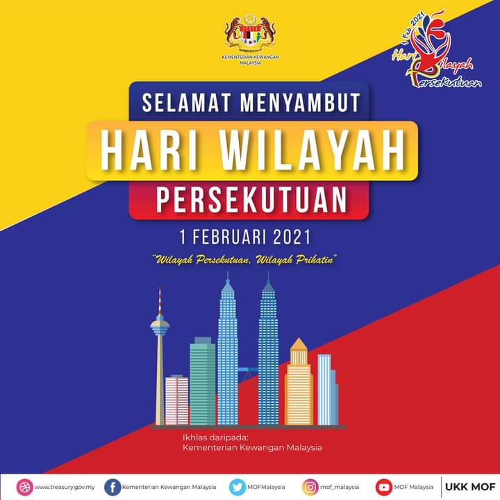 Selamat Menyambut Hari Wilayah Persekutuan Tahun 2021 diucapkan kepada seluruh warga yang berada di Wilayah Persekutuan Kuala Lumpur, Labuan & Putrajaya. 

'Wilayah Persekutuan, Wilayah Prihatin'.

#HariWilayah2021
#KitaTeguhKitaMenang
#COVID19 
#HapusCOVID19
#NormaBaharu