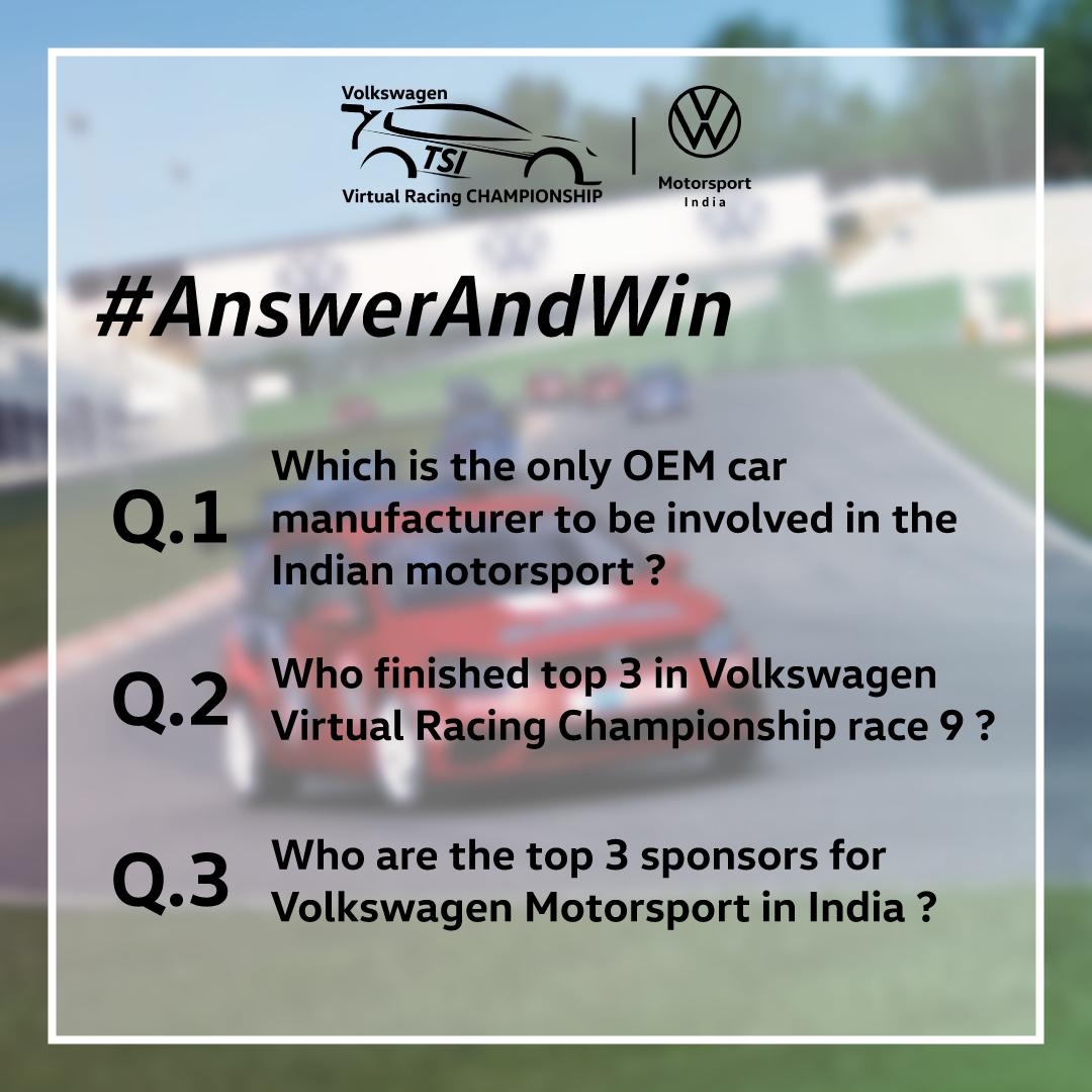 #CONTESTALERT Stand a chance to win exciting merchandise from @VWmotorsportind 
All you have to do is 
- Like and share the #Livestream @ 7.40 pm today #LinkInBio 
 -->'Answer questions during #Livestream of Race 11 @ 7.40 pm IST on our Facebook page with #VWVRC 
- Tag 2 friends