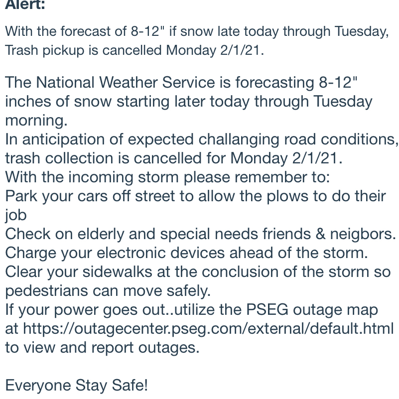 DavidZipin's tweet photo. Attention #Moorestown residents, please note that Monday trash collection is canceled due to the impending snowstorm. See you at Stokes Hill! https://t.co/3sCOkmRtVp