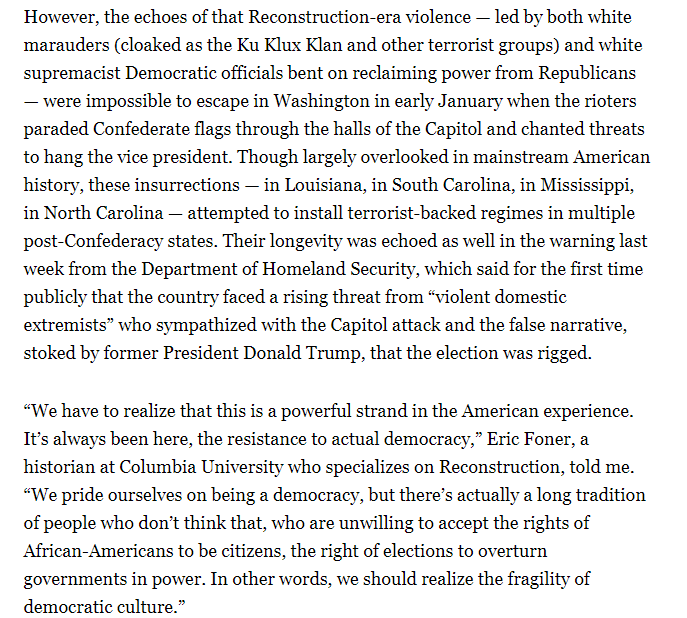 The events earlier this month were hardly the first insurrection in U.S. history, and there's a direct through-line between the white terror-backed examples from Reconstruction and the Jan. 6 storming of the Capitol: