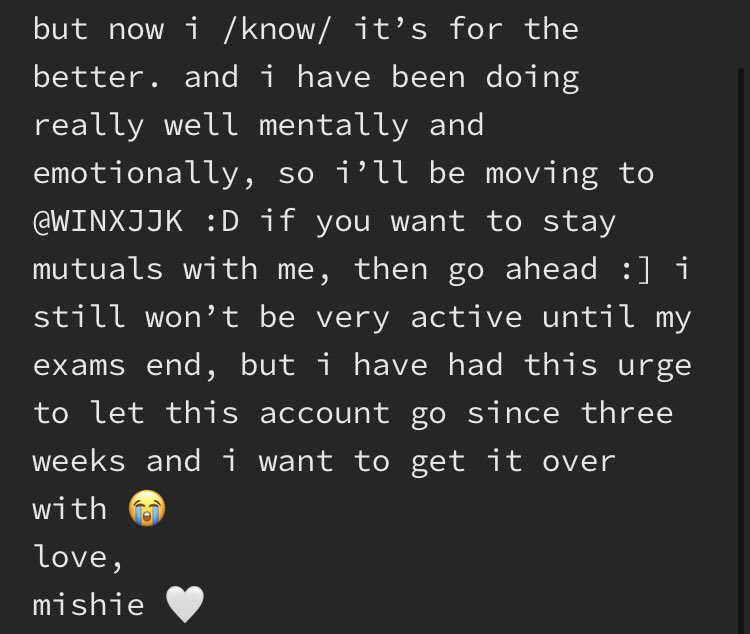 if u don’t want to read SO MUCH 😭 just know i’m moving to @WINXJJK and i will close this account permanently. if you want to be mutuals, let’s goooo :D