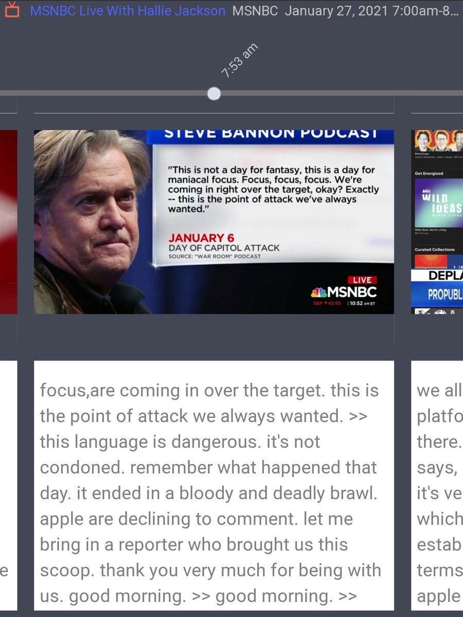 The first clip of Steve Bannon's January 5 podcast is from Hallie Jackson's January 27, 2021 show on MSNBC Her guest was Lydia DePillis