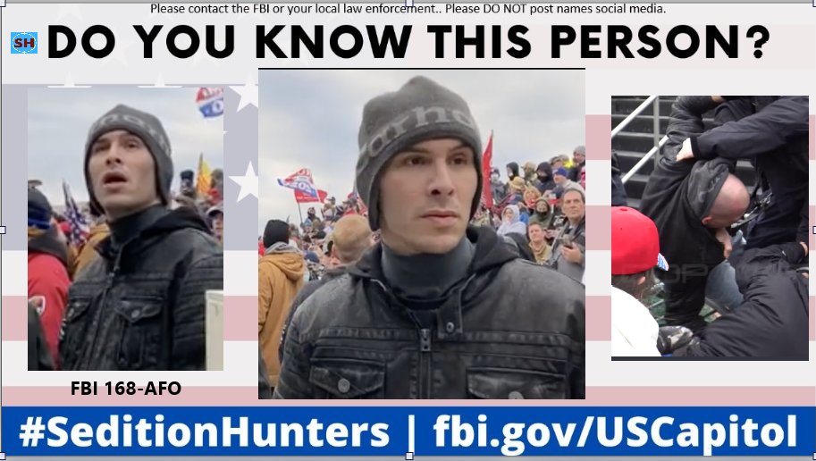 SeditionHunters's tweet photo. Wanted by the FBI for participation in the violence which occurred on Jan 6, 2021 at the US Capitol. If you know this person please contact the FBI with #168-AFO. Do on post names on social media. https://t.co/CEgZd06I8O