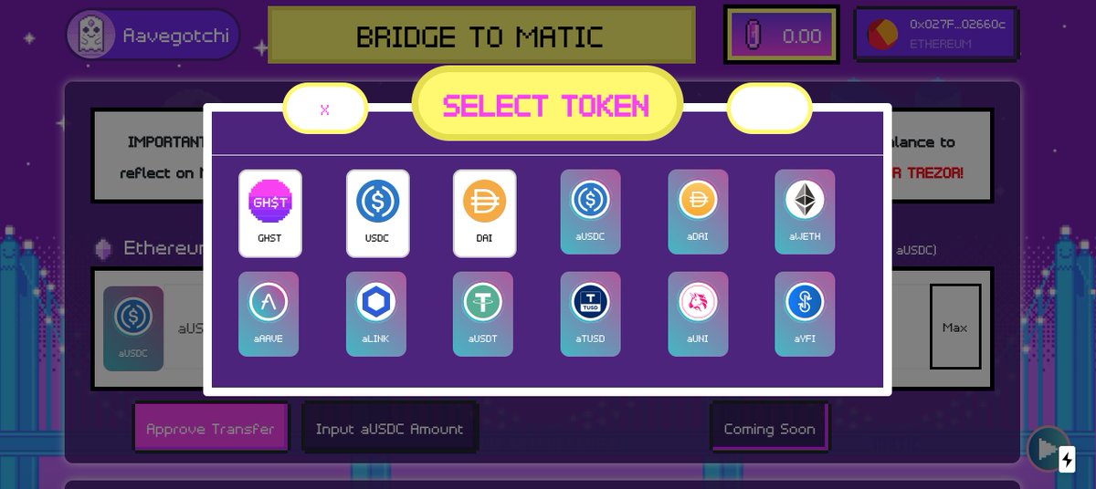 aavegotchi's tweet photo. New @AaveAave #aTokens added + new seksy design π
Move $GHST, $USDC, $DAI and all the aTokens you'll need for your Aavegotchis onto @maticnetwork with
πππ
πhttps://t.co/8JXH25rQjnπ
enjoi the ride maFrens π»β€οΈππ» https://t.co/cJp4d50PAS