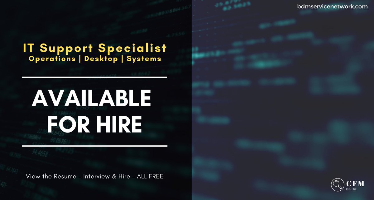 CFMMembers4Hire's tweet photo. Hiring in Information Technology? Interview this candidate and hire without paying fees https://t.co/Gcml4I8RZs
#DesktopSupport #ITHelpDesk #ITSupport #TechSupport #TechnicalSupport #SystemAnalyst #SystemAdmin #SystemAdministrator #ServerAdministrator #talent4hire #forhire https://t.co/RwgshqzDcB