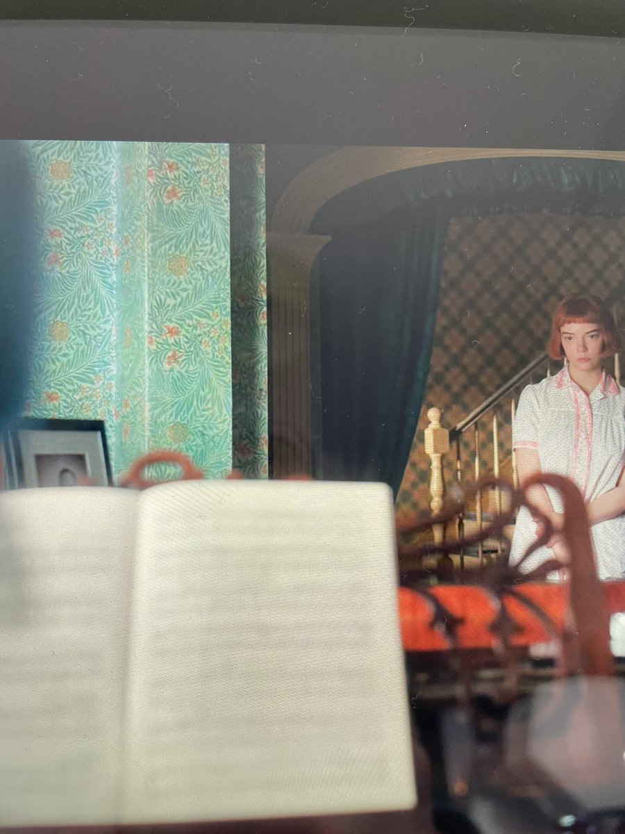 haynorris's tweet photo. Hit Netflix series The Queen’s Gambit. Larkspur wallpaper, 1874. @ScreenMorris #MorrisOnScreen https://t.co/9HjaDSP0I7