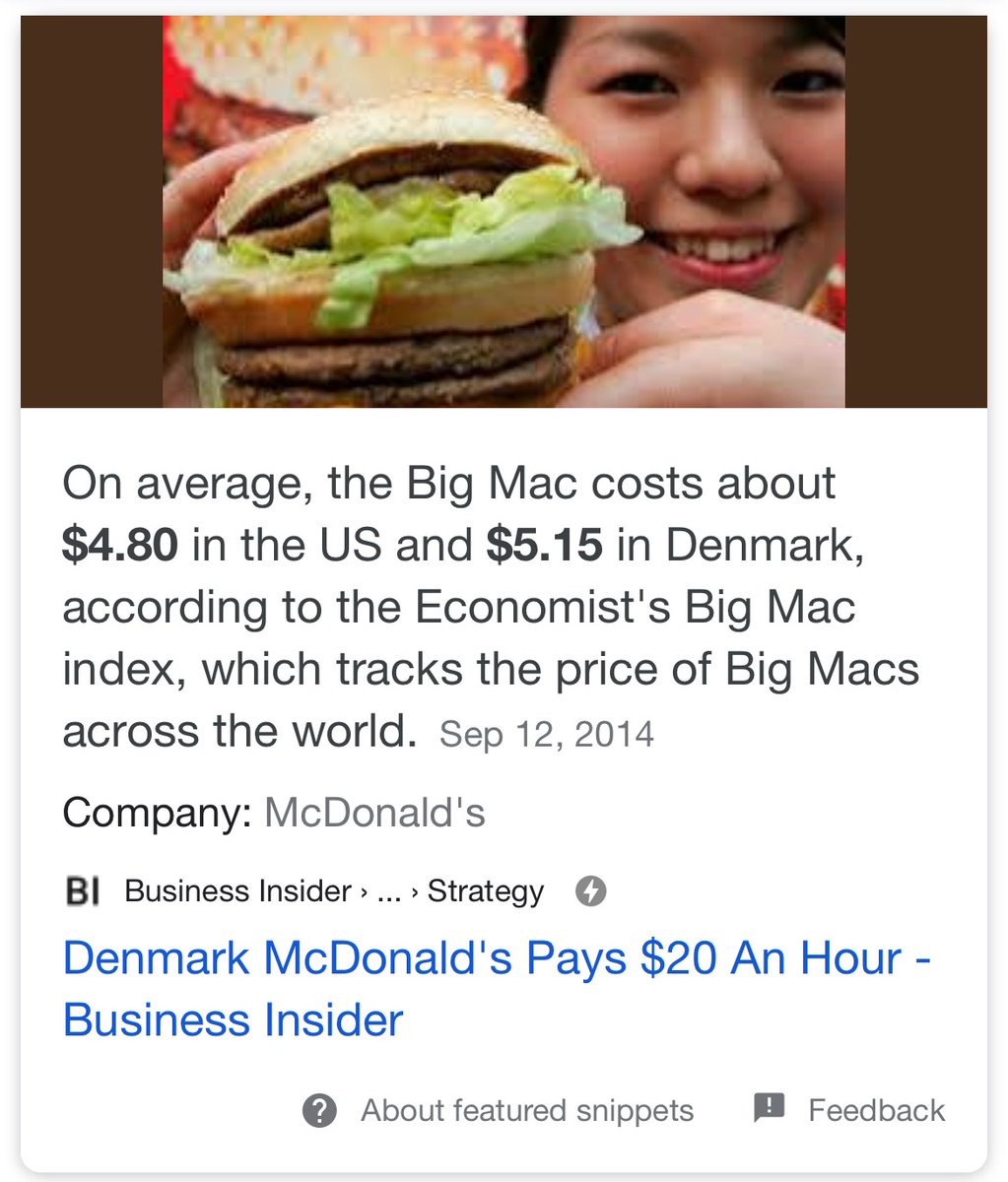 Lvl9LightSpell's tweet photo. @55TbirdChick @SenSanders A Big Mac in Denmark costs 30 cents more than in the U.S. https://t.co/O6d9VSAVpE
