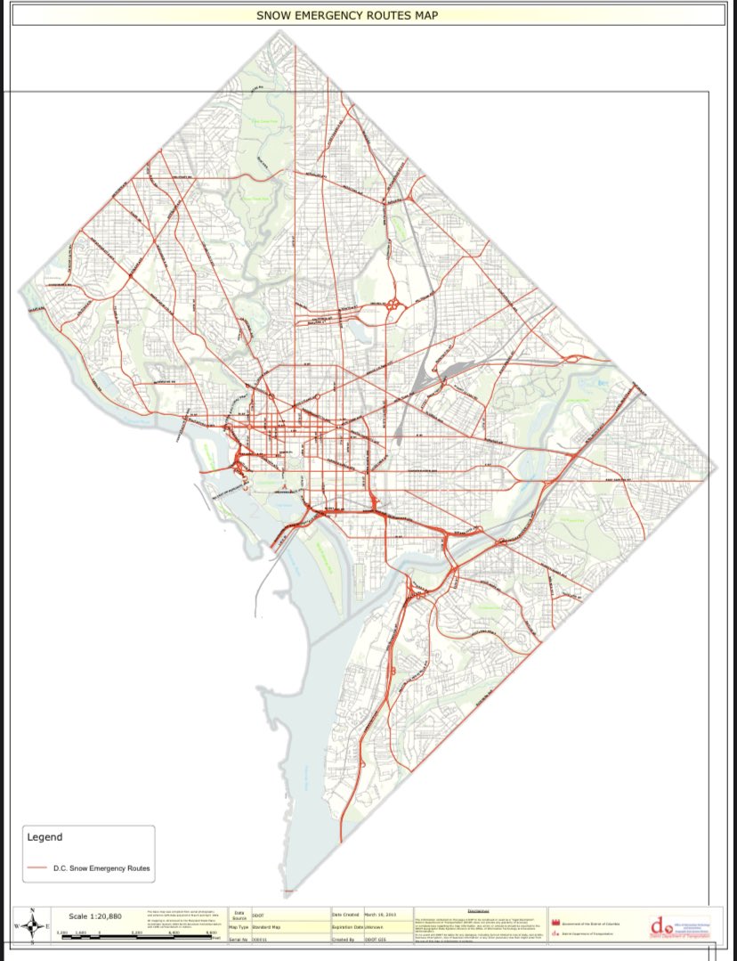 While the snow emergency is in effect, motorists may not park on snow emergency routes and vehicles parked on these routes may be ticketed and towed. Find a map and list of the snow emergency routes at snow.dc.gov.

#WinterReadyDC