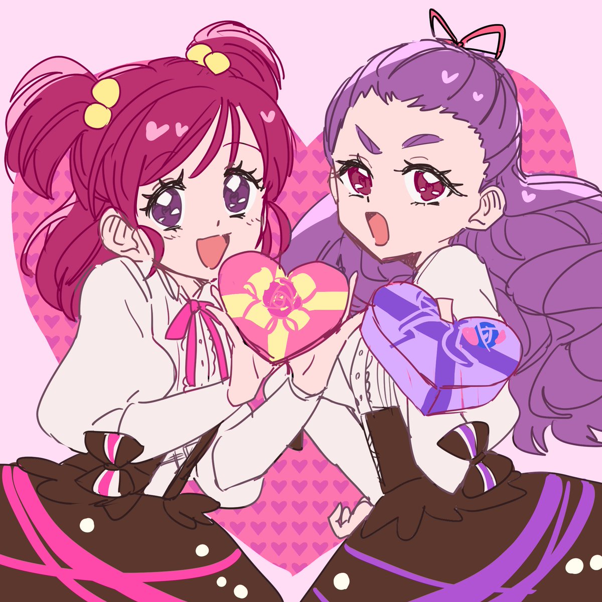 yumehara nozomi multiple girls 2girls purple hair two side up heart-shaped box box purple eyes  illustration images