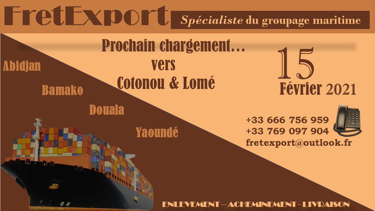fretexport's tweet photo. Joignez-vous à nous pour tous vos envois de colis sur l'Afrique et découvrez nos nouvelles destinations :
ABIDJAN - BAMAKO - DOUALA - YAOUNDE .
Le prochain chargement pour COTONOU &amp; LOME est prévu pour le 15 FEVRIER 2021. 
FRETEXPORT vous remercie pour votre fidélité https://t.co/5puk7OVPkc