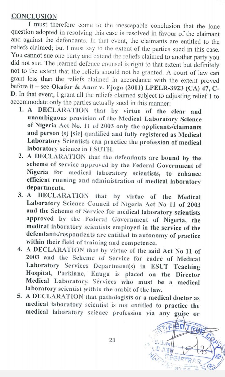 Hon_MedLabSct's tweet photo. 4.
The case of  ESUTH chapter of AMLSN vs Its management is a classic example of numerous court victories in favour of MLS(see attch images)

now, they want to deceive the @nassnigeria in the name of MDP bill to insert clauses that legalise their wrongdoings!

#LeaveMLSautonomy https://t.co/AqG8I2Hwft