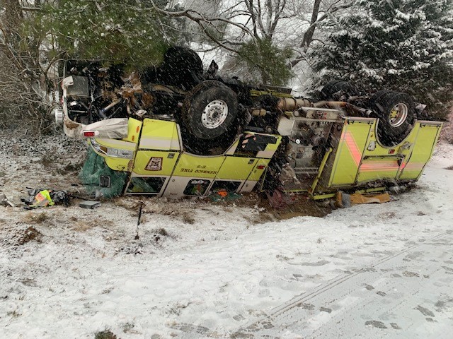 Henrico Fire Engine 305 (Lakeside Fire House) was involved in a rollover accident this morning responding to a call for service. Roads were snowy and slippery. No other vehicles were involved. All four FF exited the apparatus on their own and were transported to local hospitals.