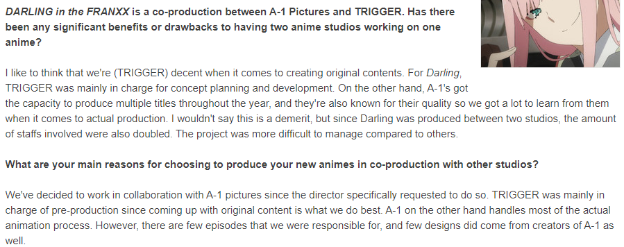 Since Trigger was working on 2 different animes to come, SSSS.GRIDMAN and BNA, with Gridman planned for Autumn 2018, and a film, Promare, planned for Winter 2019, and them having little involvement in the creative process since the production started (quote from Wakabayashi)