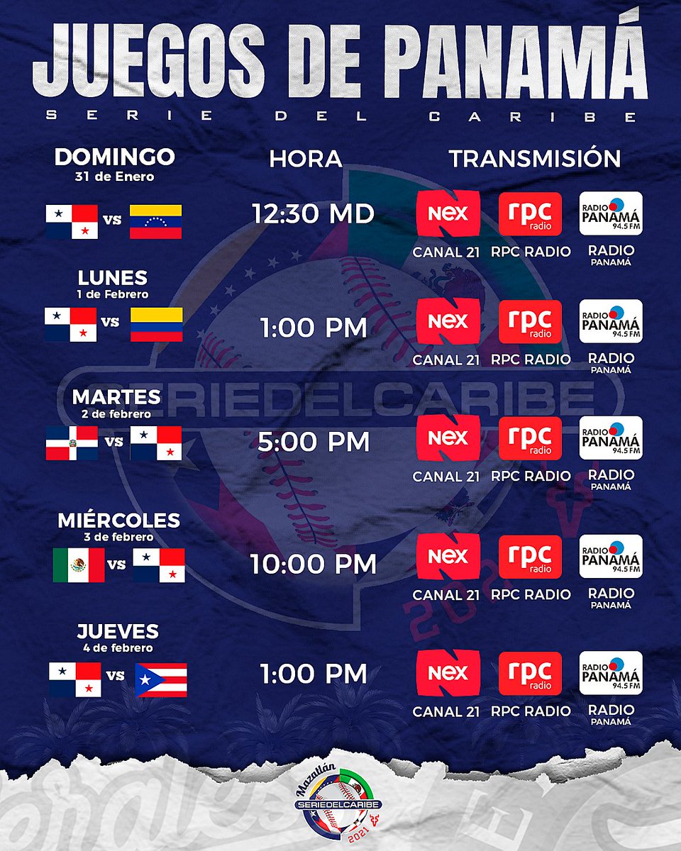 HOY⚾🇵🇦

No te pierdas la inauguración de la Serie del Caribe donde los <a href="/federalesdechi/">Federales de Chiriquí</a> en representación de Panamá🇵🇦 se medirá ante los Caribes de Anzoátegui 🇻🇪 desde las 12:30 MD.

#SomosOeste
