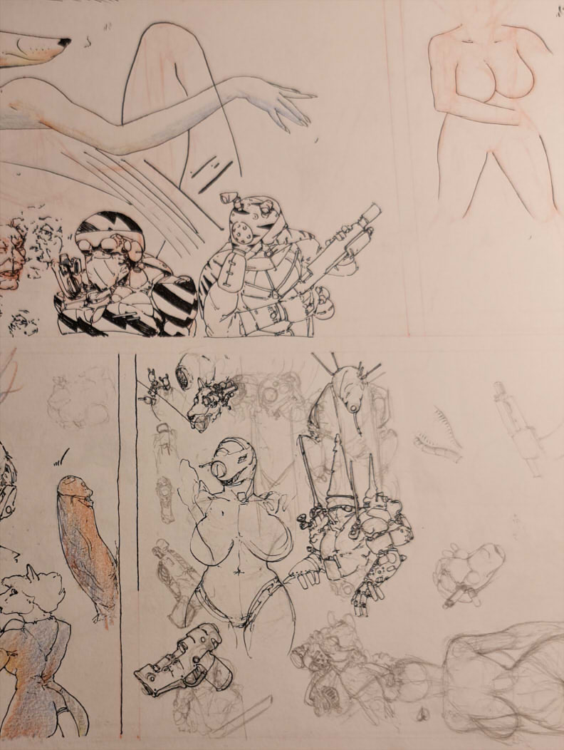 I've been neglecting that bit about using twitter for snapshots of random scribble and wip stuff. Some people are into that I guess.And now a short thread, a fever dream of guns and tits I shot with my camera while organising The Pile.