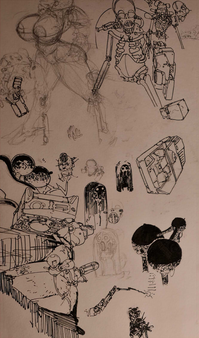 I've been neglecting that bit about using twitter for snapshots of random scribble and wip stuff. Some people are into that I guess.And now a short thread, a fever dream of guns and tits I shot with my camera while organising The Pile.