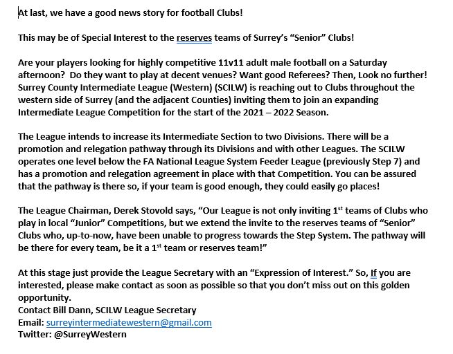 Special interest for the Reserves Teams (2nd Teams) of Surrey's Senior Clubs The Surrey County Intermediate League is expanding its Intermediate Section to two divisions. So, if you want your team to play Intermediate football in 2021-22 get in touch now!!!!!