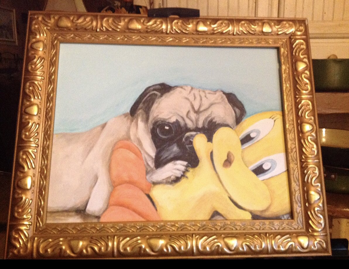 MyDogsADemocrat's tweet photo. #petportrait #art #ArtistOnTwitter #acrylicpainting #pug #tweetybird #whiskersandpaws #RIPjunebug https://t.co/huenR5FsYs