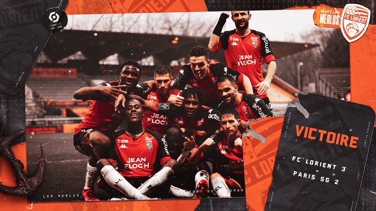 FCLorient's tweet image. MA-GI-QUE ! 🧡🤩 

Le @FCLorient s'impose 3-2 face au @PSG_inside ! 

Une victoire glanée dans les dernières minutes ! 

BRAVO LES MERLUS ! 👊🏻🐟