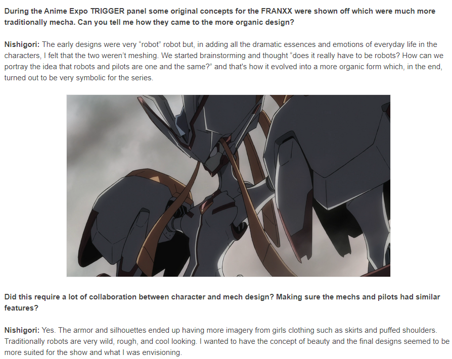 This situation ended with Atsushi Nishigori and Masayoshi Tanaka doing the final versions of most characters, and mech designs of the anime, meaning Trigger didnt actually design the anime, in contrary to people's beliefs.Here, quotes from Hiroshi Wakabayashi and Nishigori