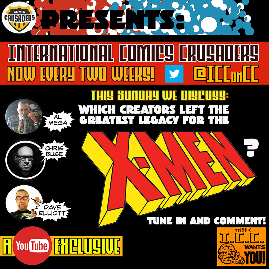ICConCC's tweet photo. Today at NOON, EST! Tune in to a NEW #ICC with @TheRealAlMega @DeevElliott  &amp; @buse_chris  as they discuss the BEST of the #XMen Creators! Watch, comment! May have a giveaway! @Marvel #comics https://t.co/OwS7tBeCoY https://t.co/eFtL3JA9j0