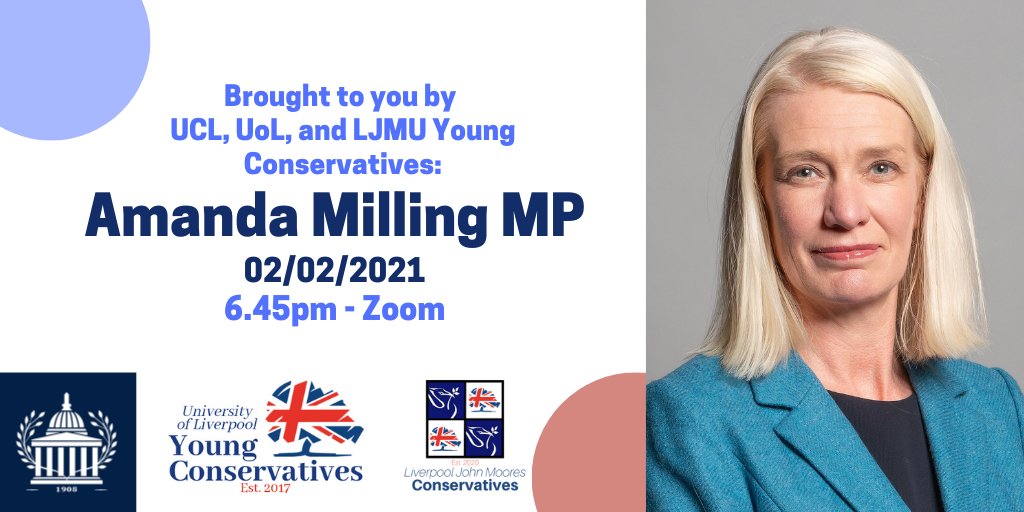 We're thrilled to be hosting Party Chairman Amanda Milling MP on Tuesday evening with <a href="/LJMU_Tories/">LJMU Young Conservatives</a> and <a href="/UCLTories/">UCL Conservatives</a>!  It will be a great evening.  Message us for the Zoom link 🍻👌