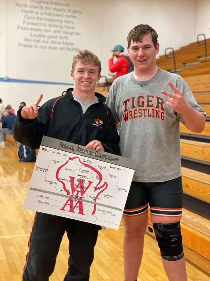 Congratulations to Tiger wrestlers Tyler Dennis (regional champion) and Adam Stener (second place)!  Both advance to the sectional meet!