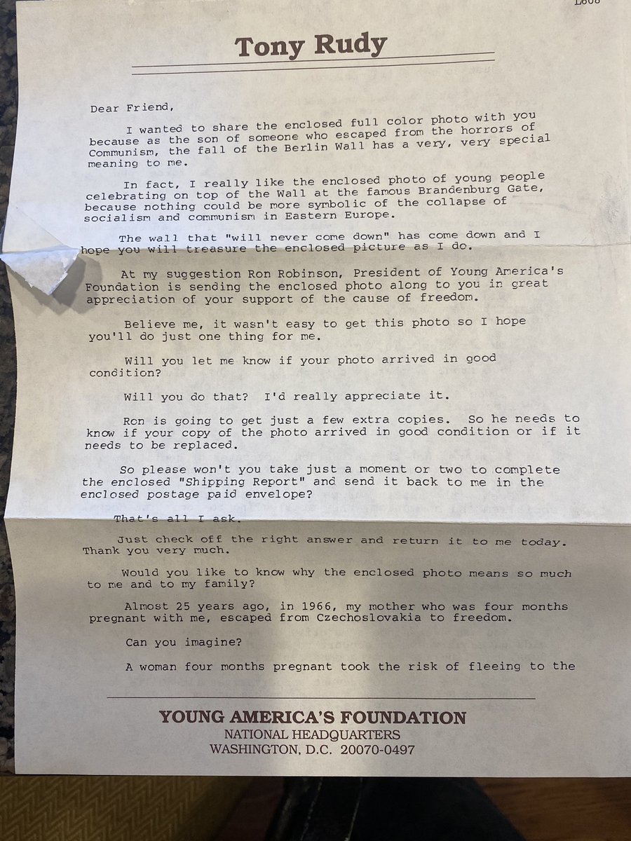 My grandmother wrote some notes on the back of it, cataloguing it as an artifact. The attached letter describes the photo as something spirited away from the front line of the Cold War’s end. The letter’s author is a guy named Tony Rudy of Young America’s Foundation. 2/