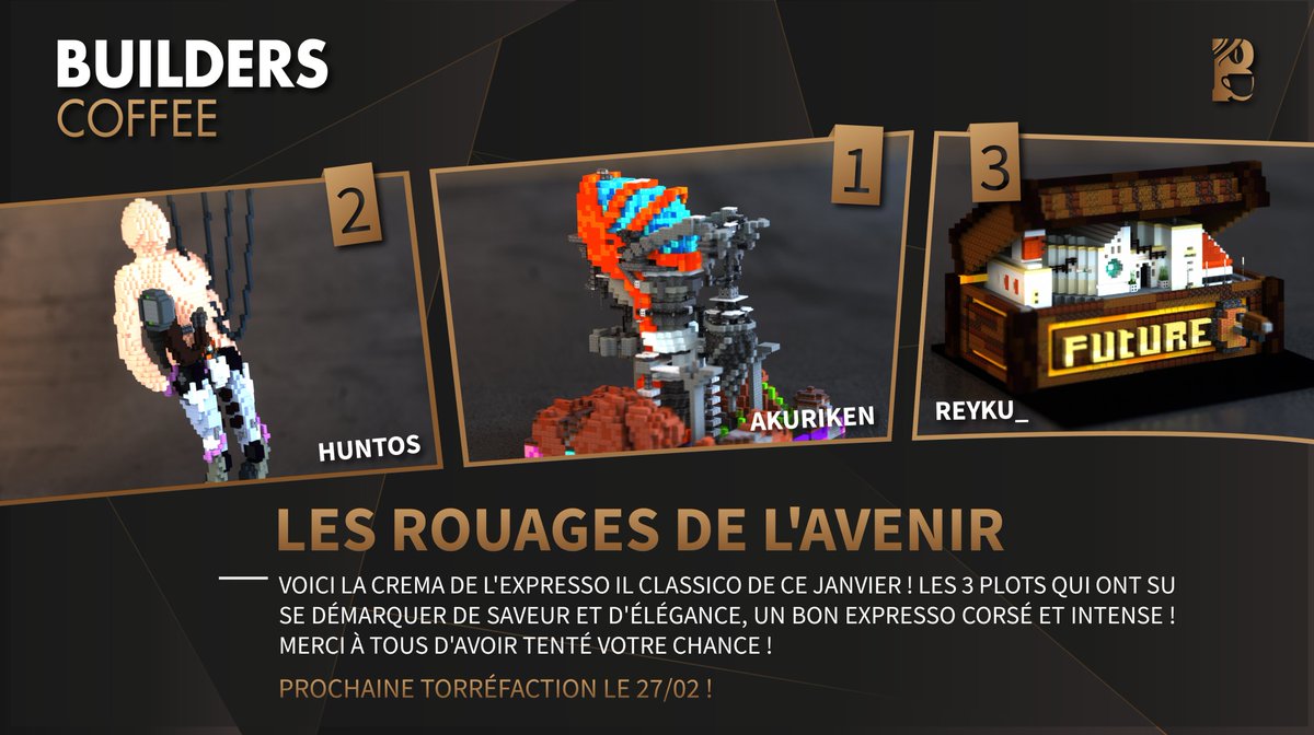 Félicitation aux trois meilleurs grains de ce week-end ! 
🥇<a href="/Akuriken/">Akuriken</a> 
🥈<a href="/huntos_/">huntos</a> 
🥉<a href="/HbertFlix1/">Reyku_</a> 

Retrouvez les notes du jury détaillées pour chaque participant !
bit.ly/2MDWw8o

Partagez-nous vos retours dès maintenant ! ☕️
bit.ly/3csvuM7

#Minecraft #EVENT