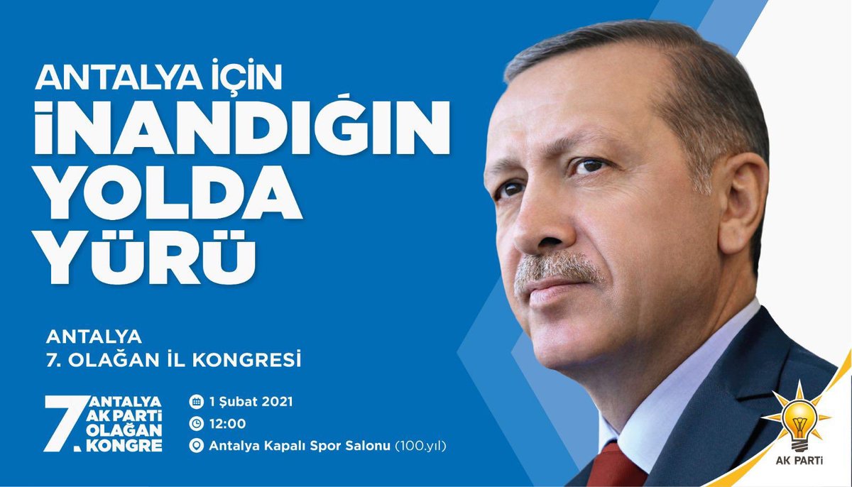 #Antalya 7.Olağan İl Kongremizi Temizlik-Maske-Mesafe tedbirlerine uyarak gerçekleştireceğiz. 
Tüm Hemşehrilerimiz davetlidir. 
 
#İnandığınYoldaYürü

 🗓️1 Şubat 2021- Pazartesi
 ⏰12:00
 Antalya Kapalı Spor Salonu <a href="/RTErdogan/">Recep Tayyip Erdoğan</a> <a href="/MevlutCavusoglu/">Mevlüt Çavuşoğlu</a>  <a href="/ethemtas/">Av. İbrahim Ethem TAŞ 🇹🇷</a> <a href="/abuyukgumus/">Ahmet Büyükgümüş</a> <a href="/atayuslu/">Atay USLU 🇹🇷</a>