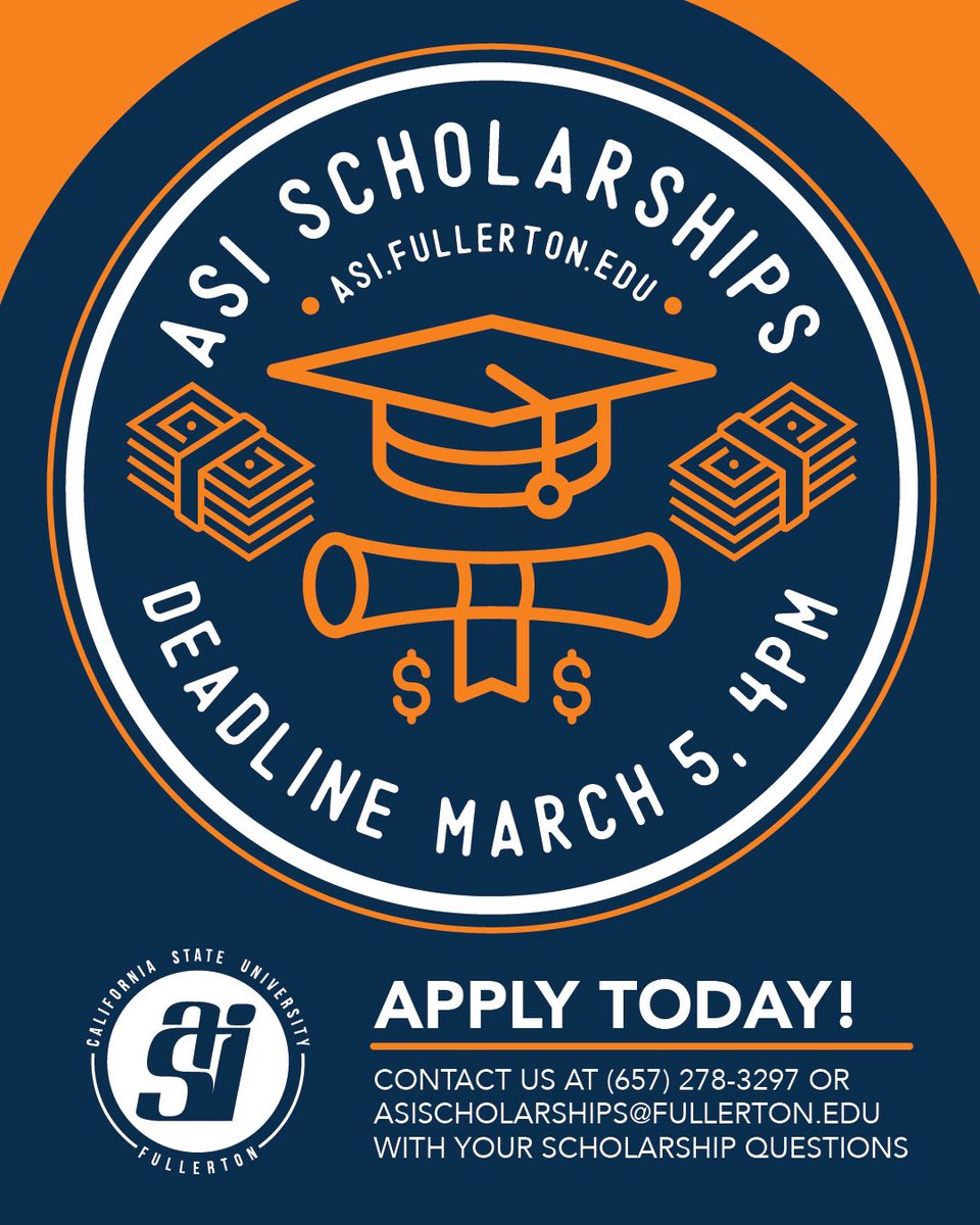 CSUFstudents's tweet photo. Looking for extra financial support? Apply for an @ASICSUF scholarship today! Email asischolarships@fullerton.edu for more 🤩💰#CSUFstudents @csuf https://t.co/KuSXWIW0UW