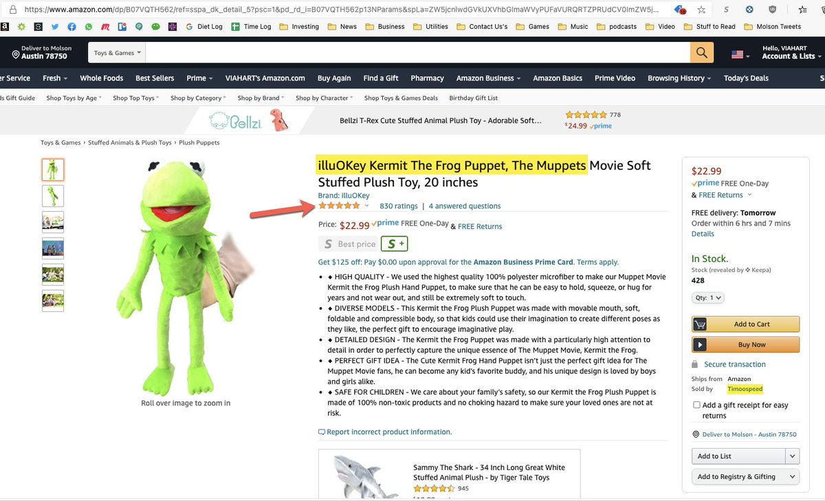 What's amazing about this is look at how many reviews that Kermit had. If you assume a 1/50 review rate they've sold at least 41,500 units. There are no other sellers of the illuOKey branded Kermit the Frog.