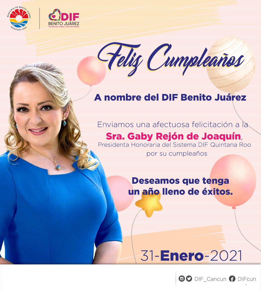 DIF_Cancun's tweet photo. A nombre de la familia #DIFBJ enviamos una afectuosa felicitación a la sra. @gabyrejondej, presidenta del @SistemaDIFQRoo, por su cumpleaños. ¡Muchas felicidades! https://t.co/EpT7Dx2IcI
