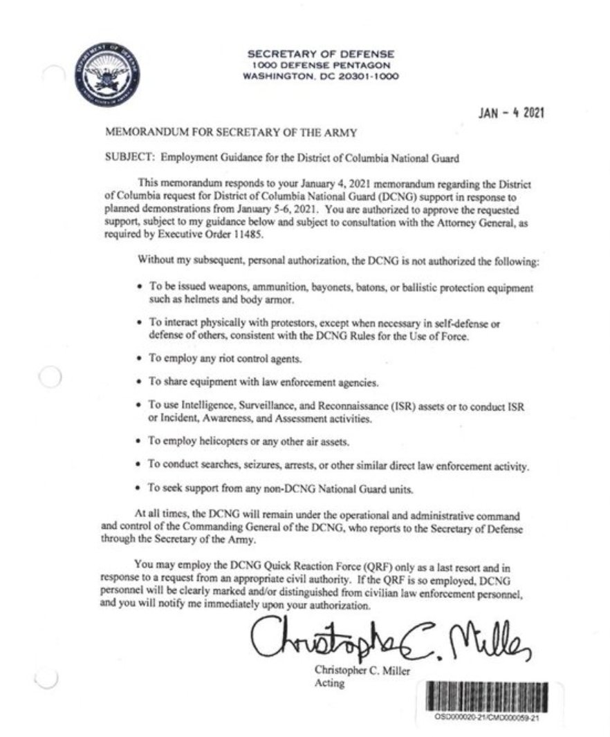 donwinslow's tweet photo. Two days before the domestic terrorist attack the fake acting Secretary of Defense sent this out. 

This memo resulted in the deaths of 7 people, incl a police officer.

Puzzled as to why guests are not being questioned on political talk show about this signed official document. https://t.co/AI1PBUKudR