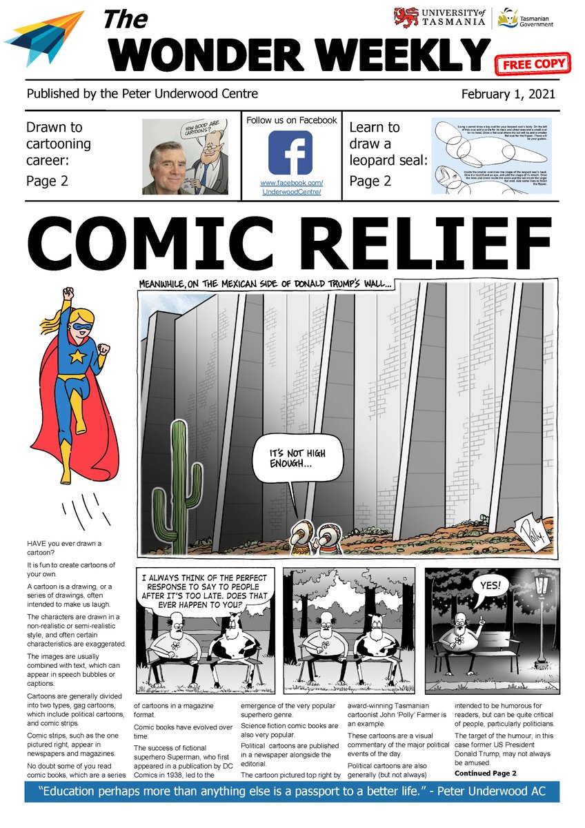 THE WONDER WEEKLY: Do you love drawing? Our first edition of 2021 is all about cartoons. #UnderwoodCentre <a href="/UTAS_/">University of Tasmania</a> @TasGovEducation 
utas.edu.au/__data/assets/…