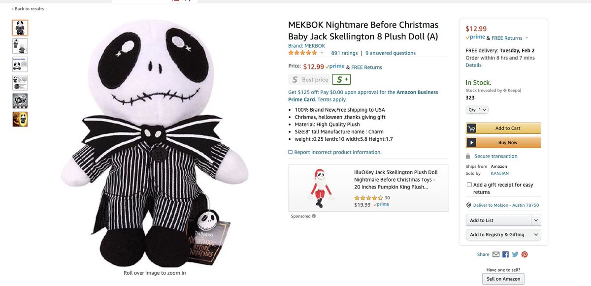 P.S. There are tons of other sellers doing this. It's just this one guy.Can only fit 4 images into a single tweet, but there are pages of this stuff. Check the link but note that it will all disappear soon:/thread https://www.amazon.com/s?k=jack+skellington+plush&i=toys-and-games&ref=nb_sb_noss_2