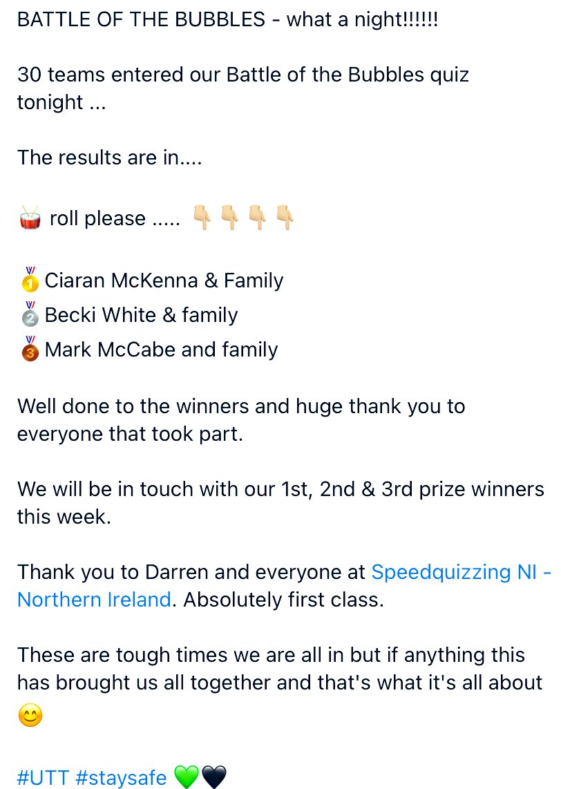 CastlewellanGAC's tweet image. What a brilliant nights craic. Thanks to @Speedquizzingni &amp;amp; everyone who joined us ... results are in ...... #Battleofthebubbles #LockdownQuiz #UTT 💚🖤📲👨🏽‍💻😊