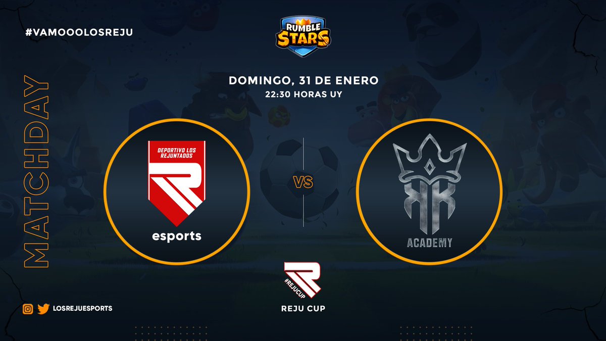 #RumbleStars • MATCHDAY

Hoy jugamos en nuestra copa contra un durísimo rival, pero vamos con todo por esa victoria y así poder ir asegurando la clasificación a playoff.

🗓 Domingo 31/01/21

🏆 #RejuCup
📋 Fase regular
🆚 @KOK_Academy
⏰ 22:30🇺🇾
🎙 <a href="/aerion_m/">Aerion-M</a> 

#VamoooLosReju