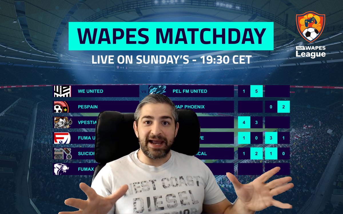 🔴LIVE this SUNDAY at 19:30 CET 
on : twitch.tv/wapesleague

It's the WAPES MATCHDAY show !! by @rambostips 

- Featuring 1 exciting match !
- Extended highlights &amp; league results of the week
- Interviews of managers, players and much more to come in the future !!