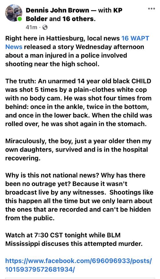 HATTIESBURG POLICE SHOT AN UNAMRED BLACK 14 YEAR OLD CHILD. This article states that the victim was a MAN: wapt.com/article/hattie… Names have not been released. <a href="/BlmSip/">Black Lives Matter, MS</a> is currently protesting outside of HBurg Police Dept! <a href="/HattiesburgPD/">Hattiesburg PD</a> haven’t proven that the child was armed.