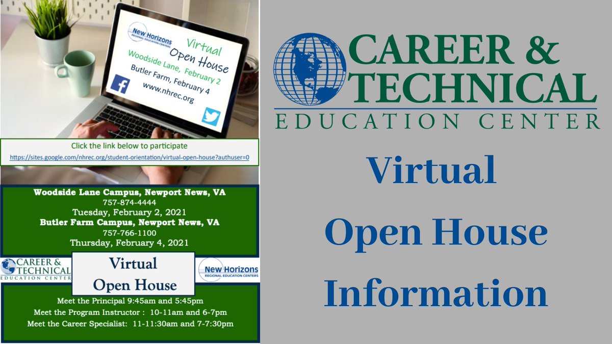 IMPORTANT: CTE Virtual Open House will be held on February 2nd (Woodside Lane Campus) and February 4th (Butler Farm Campus). Please check out the virtual open house website for more details: bit.ly/36ovDfN

#BoldlyGoing #WeAreNewHorizons #VirtualOpenHouse