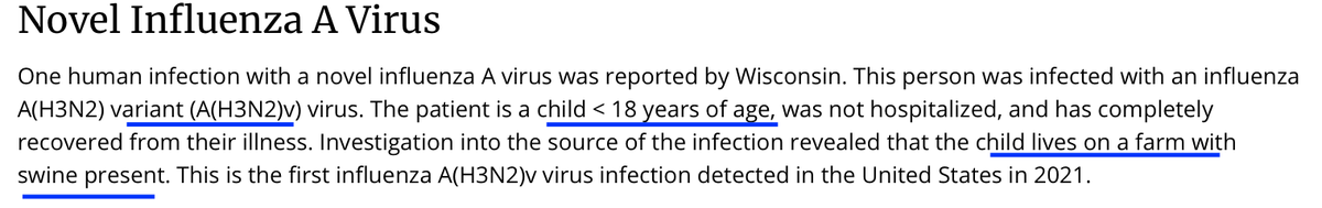 2. Some news this week: A young child who lives on a farm where pigs are raised contracted swine  #influenza. It was a vH3N2 — the "v" in the name means variant, which in flu terminology means a version of  #flu that normally circulates in an animal species. The child is fine.