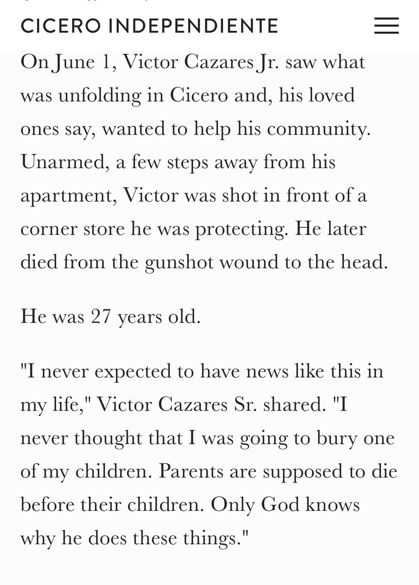 Victor Cazares Jr was shot and killed outside of Chicago. Reports that he was protecting a corner store? None of the articles specify that he was armed but I have a hard time believing this former military member was out in the riots unarmed.