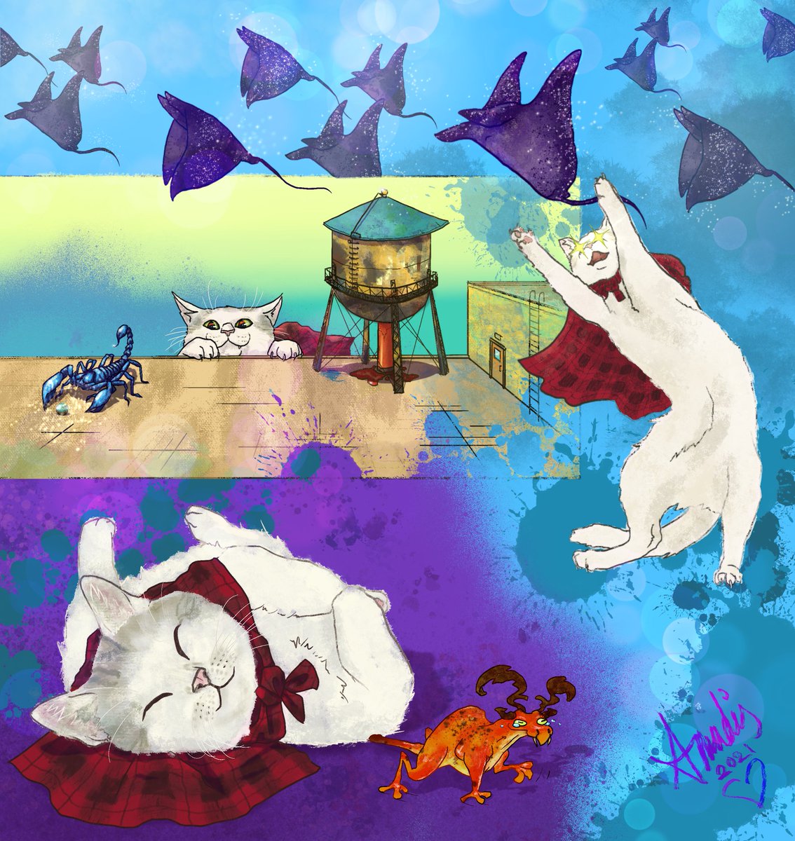 For our Winter Art Exchange in the 🌞Solarium🌞 I drew <a href="/HellmouthPest/">Hellmouth Pest Control</a>'s Pest Control Cat! Remember to take some time for selfcare and get good rest after a hard day's work of keeping Hellmouth safe! ✨