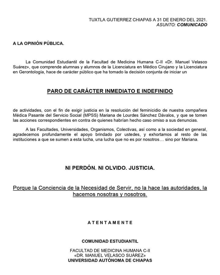 DrChavezDiaz's tweet photo. Estudiantes de Medicina de la Universidad Autónoma de Chiapas inician PARO INMEDIATO E INDEFINIDO.
Exhortan al resto de las instituciones a sumarse a la lucha.
#JusticiaParaMariana https://t.co/wH4erj2b4Z