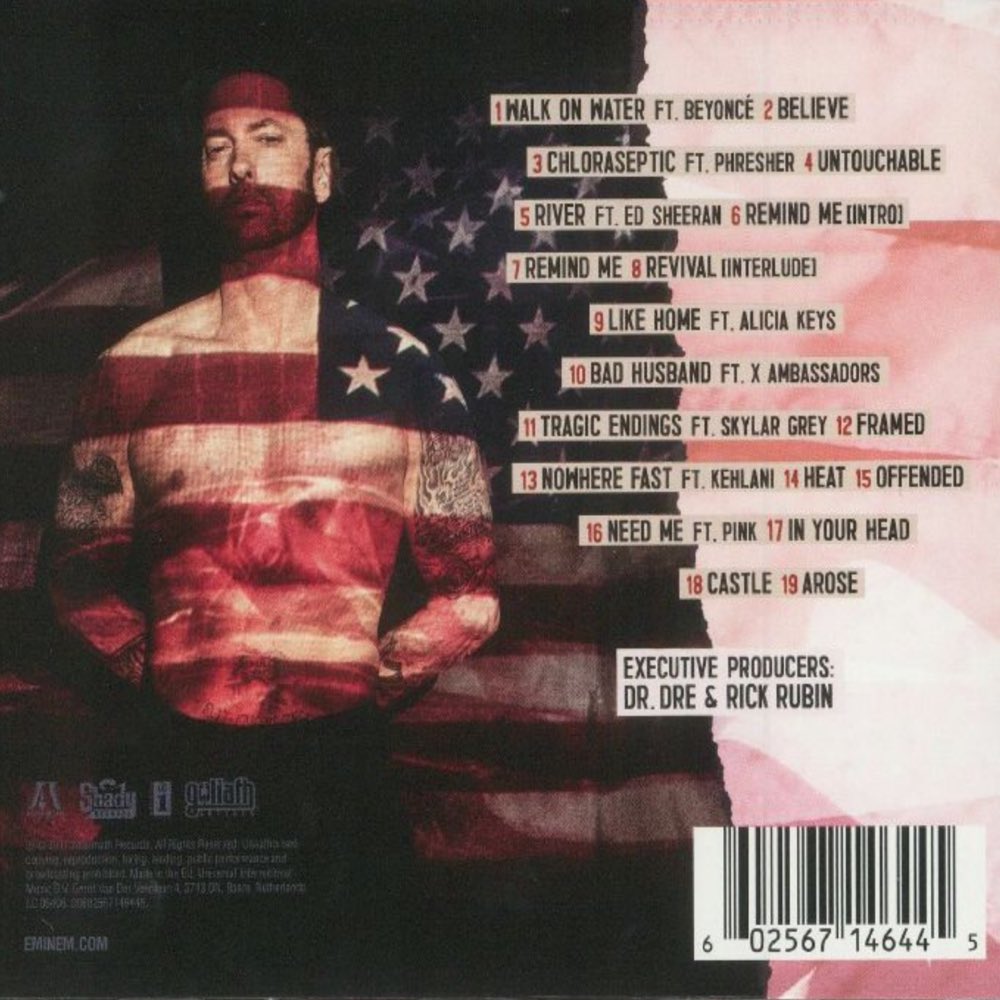 10.Revival. From the bad rock production to the MANY bad lyrics and bad deliveries, this is easily his worst album.   Favourite tracks:  1. Castle/Arose  2. Offended  3. Framed3/10