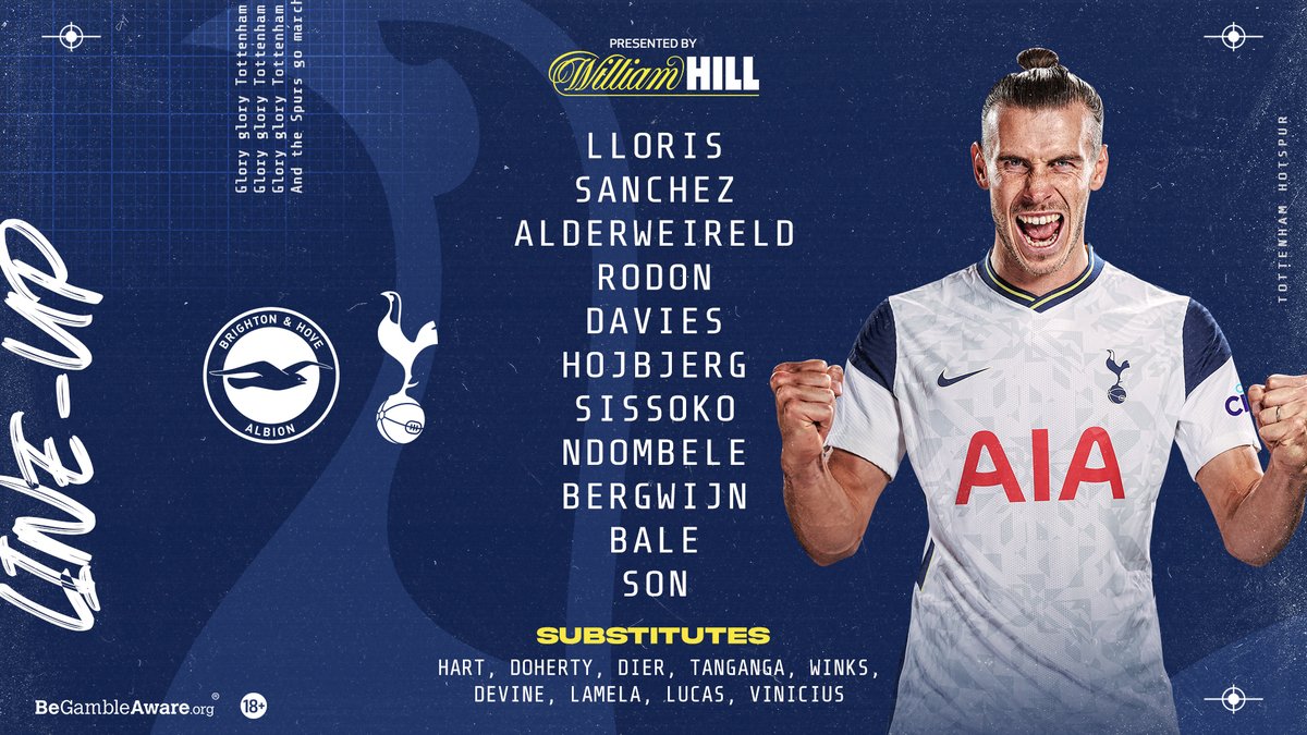SpursOfficial's tweet photo. 𝗧𝗘𝗔𝗠 𝗡𝗘𝗪𝗦 ⚪️ Lloris (C), Sanchez, Alderweireld, Rodon, Davies, Hojbjerg, Sissoko, Ndombele, Bergwijn, Bale, Son

@WilliamHill ⚪️ #COYS https://t.co/fQDzF9i5b7