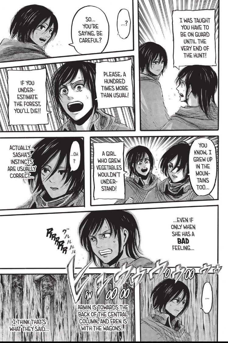 Let's not forget Sasha's great fighting skills but also her correct instinct: -9th in the ranking of 104th training corps-She is very good at archery but also at weapons -She recognized Annie's cry as a cry for help and Mikasa approved of it