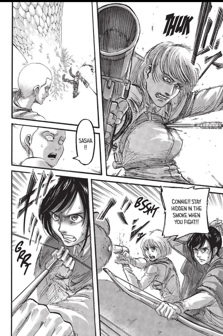 Let's not forget Sasha's great fighting skills but also her correct instinct: -9th in the ranking of 104th training corps-She is very good at archery but also at weapons -She recognized Annie's cry as a cry for help and Mikasa approved of it