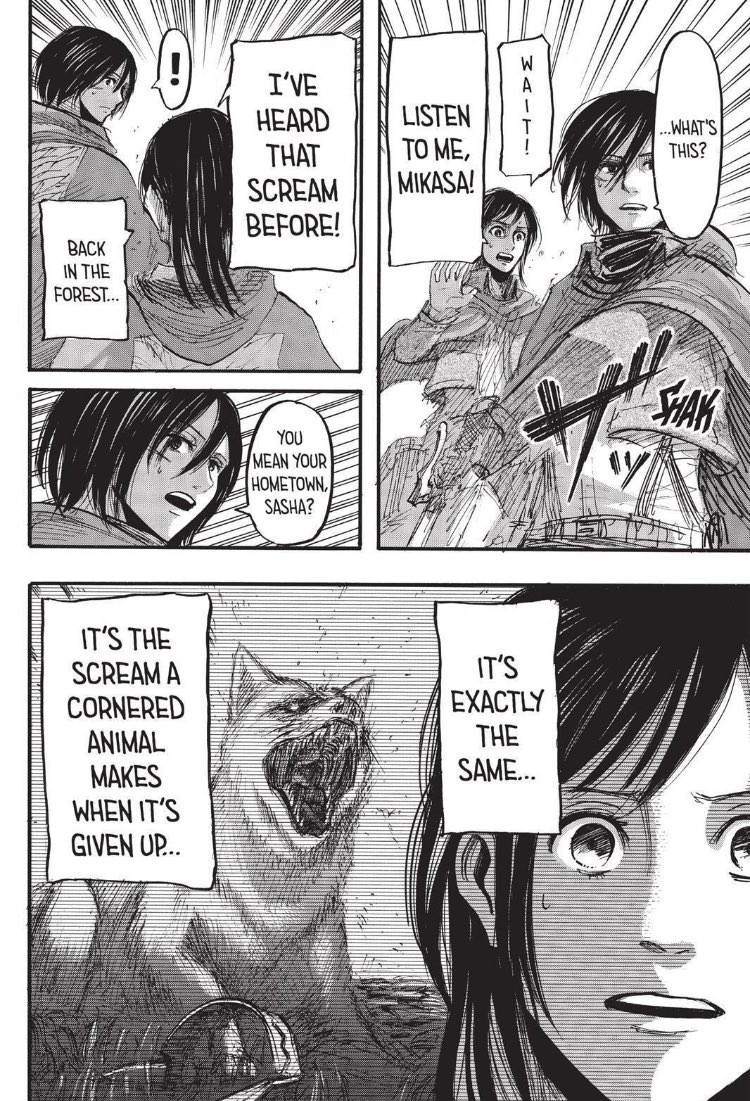 Let's not forget Sasha's great fighting skills but also her correct instinct: -9th in the ranking of 104th training corps-She is very good at archery but also at weapons -She recognized Annie's cry as a cry for help and Mikasa approved of it